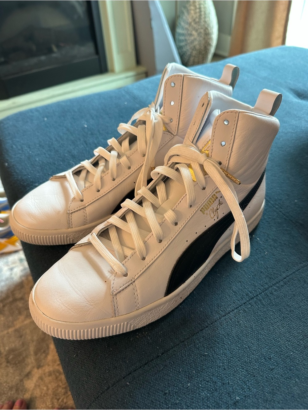 Puma White High-Top Sneakers with Black Formstripe and Gold Accents
